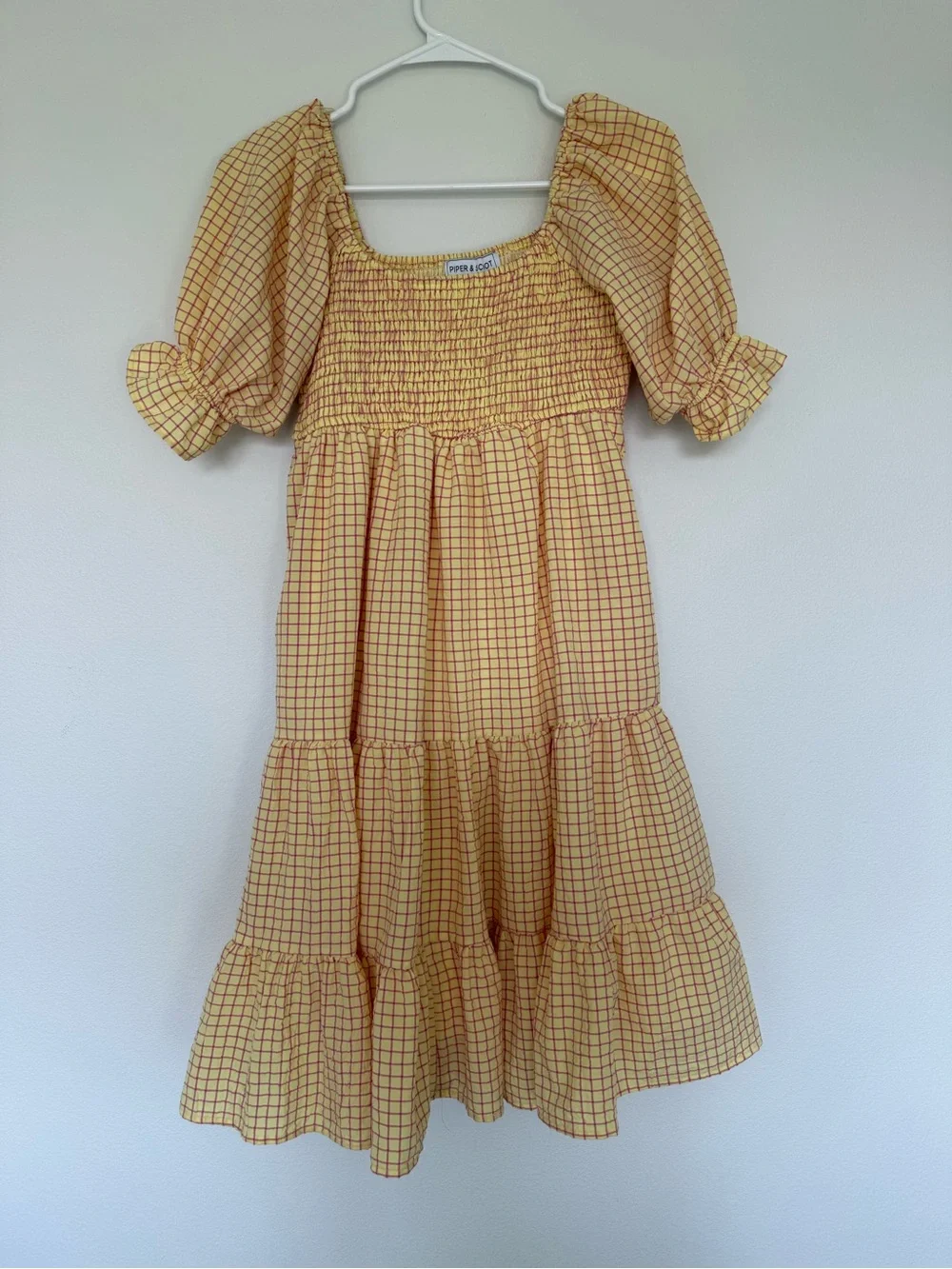 Yellow Gingham Smocked Midi Dress with Puff Sleeves